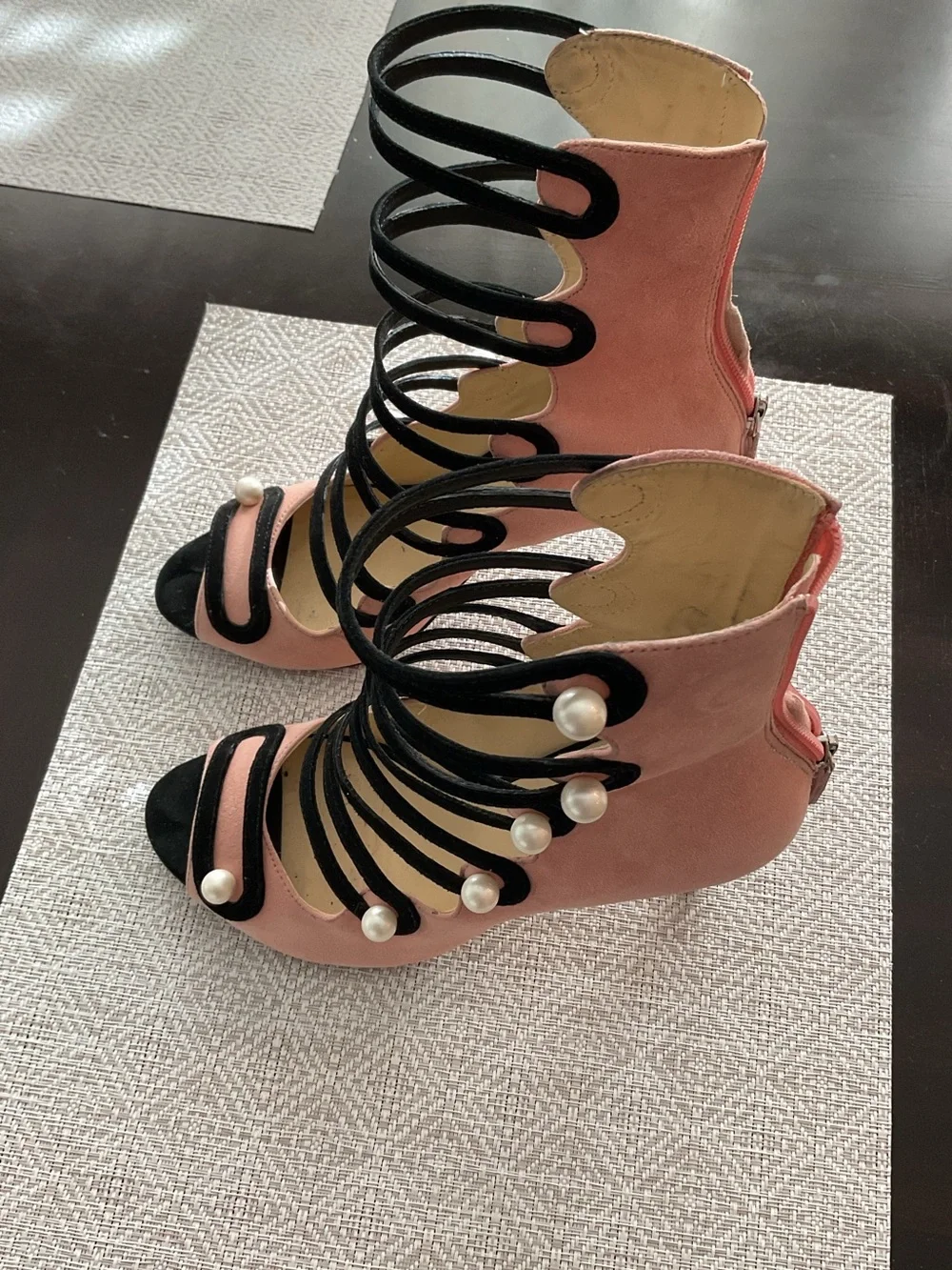 Isa Tapia Pink Suede Pearl‑Embellished High Heel Sandals
